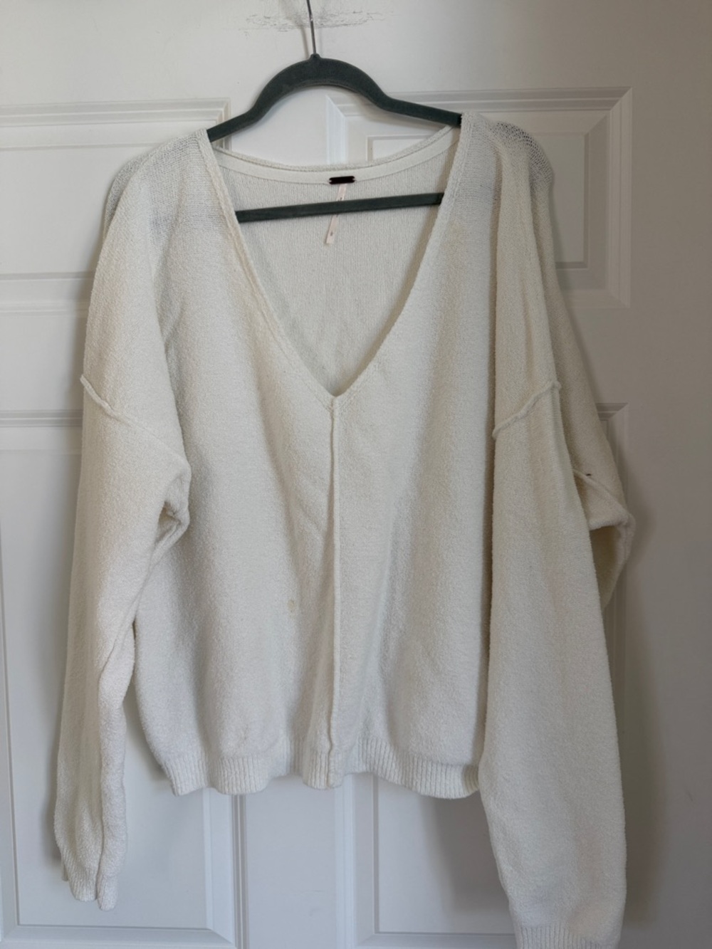 Free People Ivory V-Neck Cozy Knit Sweater